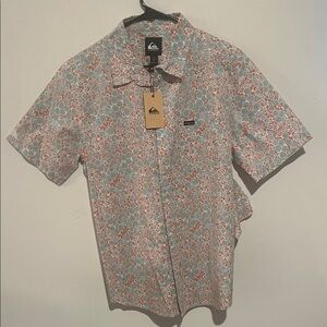 Quiksilver Men's Floral Button Down Shirt - Red and Blue